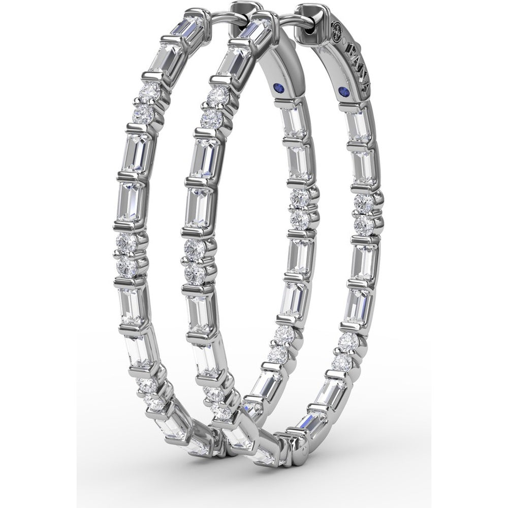 Alternating Emerald Cut and Round Diamond Hoop Earrings by Fana - 2.47 Carat Total Diamond Weight