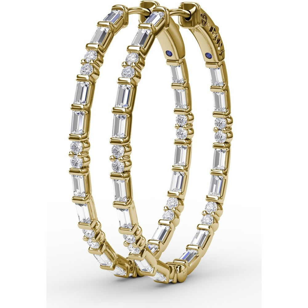 Alternating Emerald Cut and Round Diamond Hoop Earrings by Fana - 2.47 Carat Total Diamond Weight