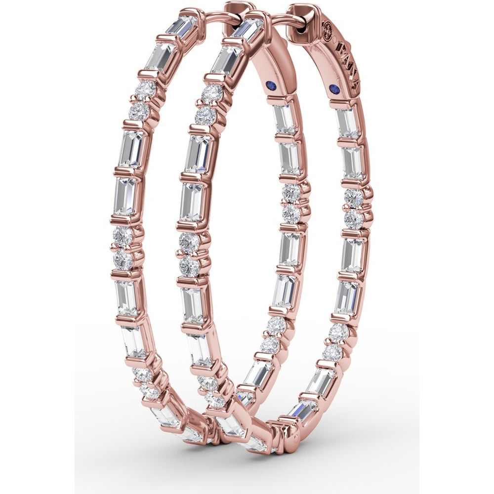 Alternating Emerald Cut and Round Diamond Hoop Earrings by Fana - 2.47 Carat Total Diamond Weight