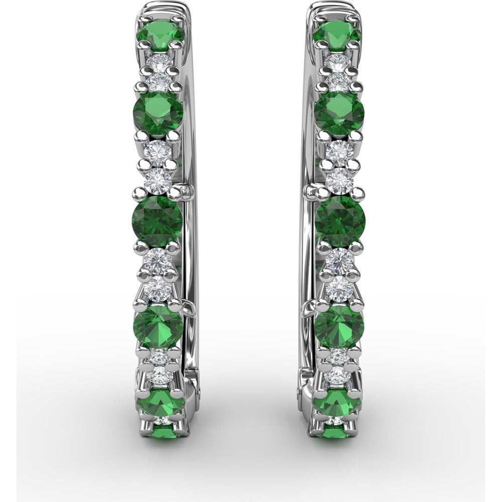 Alternating Round Emerald and Diamond Hoop Earrings by Fana - 1.00 Carat Total Gemstone Weight