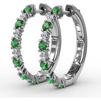 Alternating Round Emerald and Diamond Hoop Earrings by Fana - 1.00 Carat Total Gemstone Weight