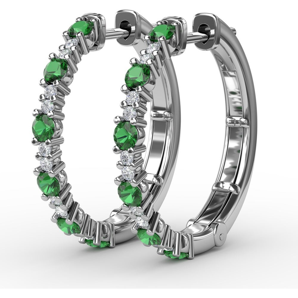 Alternating Round Emerald and Diamond Hoop Earrings by Fana - 1.00 Carat Total Gemstone Weight