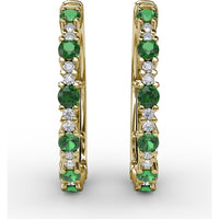 Alternating Round Emerald and Diamond Hoop Earrings by Fana - 1.00 Carat Total Gemstone Weight