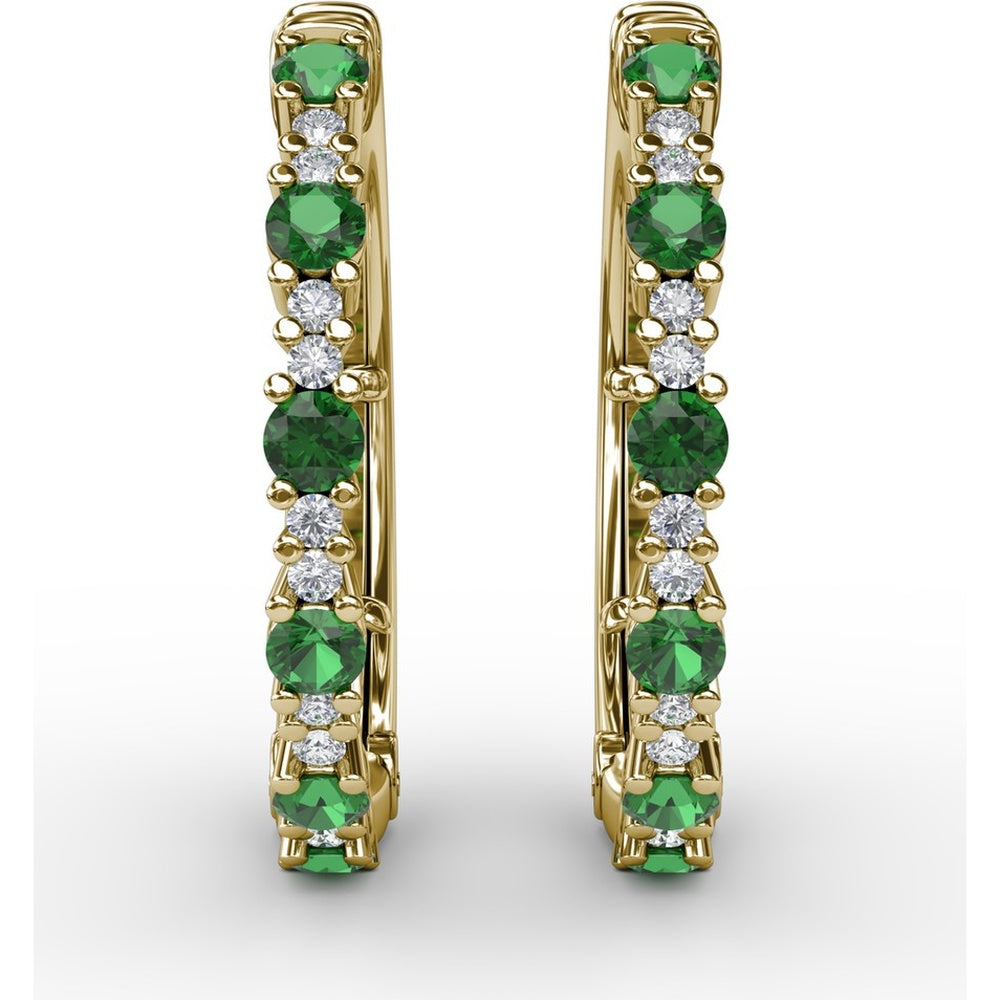 Alternating Round Emerald and Diamond Hoop Earrings by Fana - 1.00 Carat Total Gemstone Weight