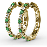Alternating Round Emerald and Diamond Hoop Earrings by Fana - 1.00 Carat Total Gemstone Weight