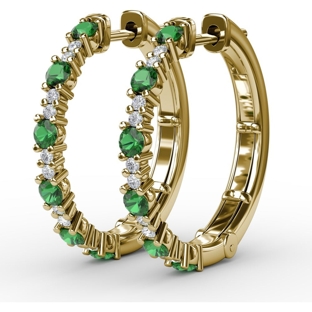 Alternating Round Emerald and Diamond Hoop Earrings by Fana - 1.00 Carat Total Gemstone Weight