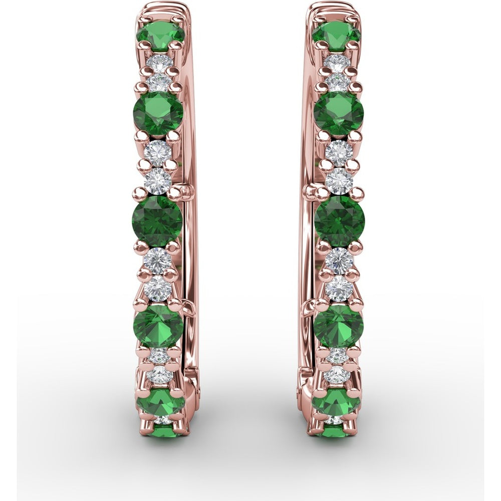 Alternating Round Emerald and Diamond Hoop Earrings by Fana - 1.00 Carat Total Gemstone Weight