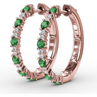 Alternating Round Emerald and Diamond Hoop Earrings by Fana - 1.00 Carat Total Gemstone Weight