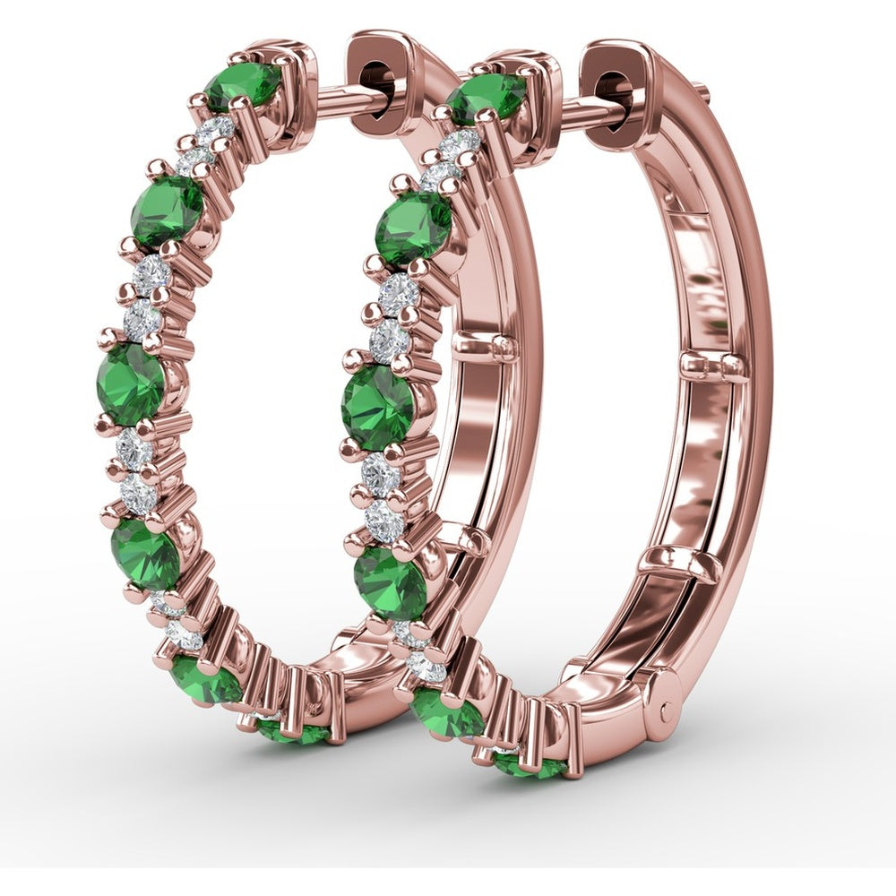 Alternating Round Emerald and Diamond Hoop Earrings by Fana - 1.00 Carat Total Gemstone Weight
