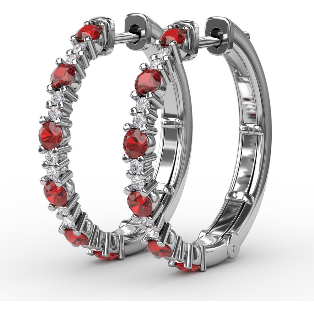 Alternating Round Ruby and Diamond Hoop Earrings by Fana - 1.10 Carat Total Gemstone Weight