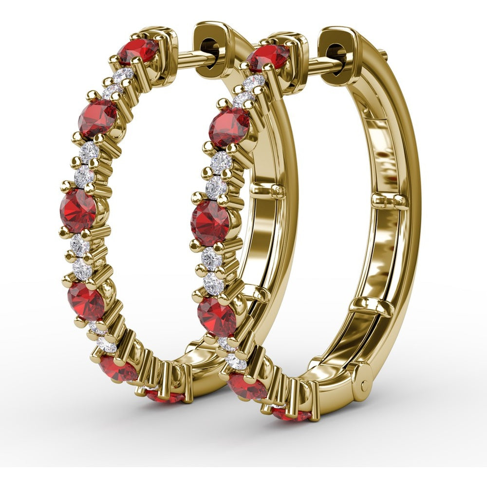 Alternating Round Ruby and Diamond Hoop Earrings by Fana - 1.10 Carat Total Gemstone Weight