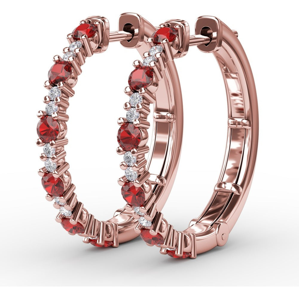 Alternating Round Ruby and Diamond Hoop Earrings by Fana - 1.10 Carat Total Gemstone Weight