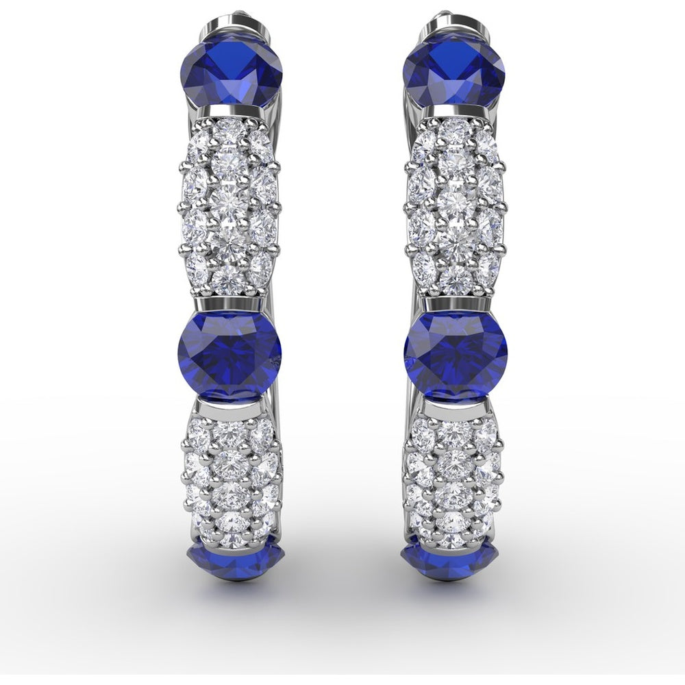 Alternating Round Sapphire and Pavé Diamond Hoop Earrings by Fana - 1.95 Carat Total Gemstone Weight
