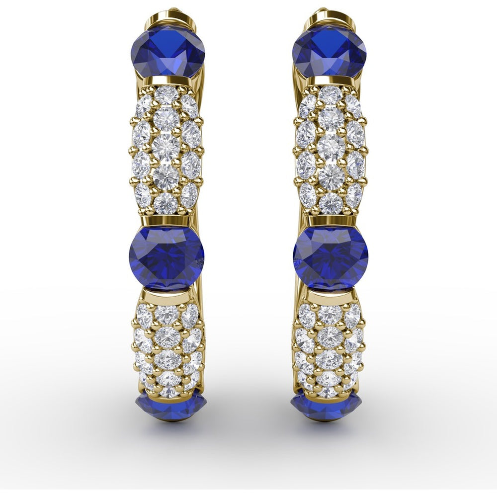 Alternating Round Sapphire and Pavé Diamond Hoop Earrings by Fana - 1.95 Carat Total Gemstone Weight