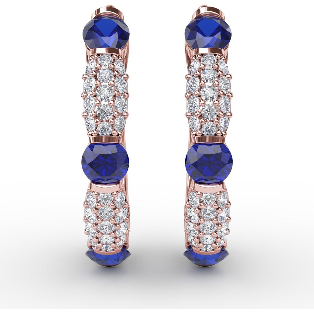 Alternating Round Sapphire and Pavé Diamond Hoop Earrings by Fana - 1.95 Carat Total Gemstone Weight