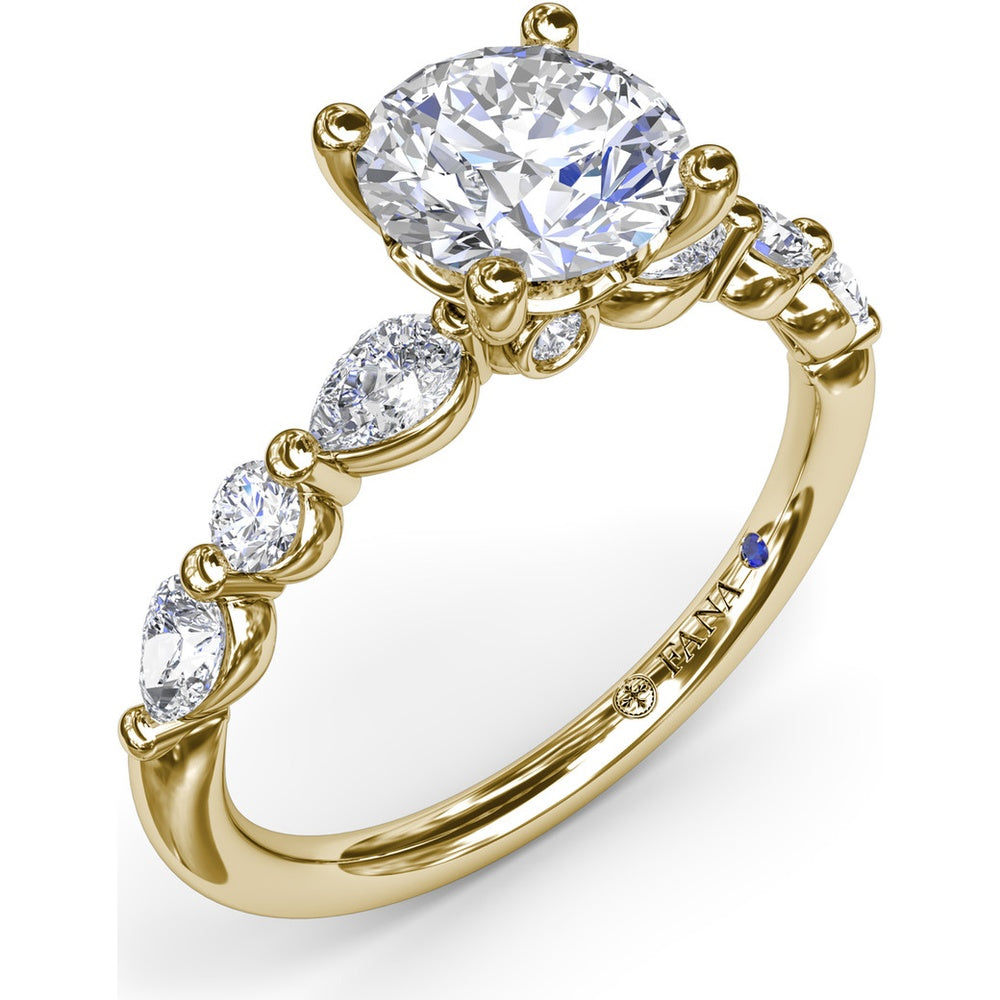 Alternating Teardrop and Round Diamond Engagement Ring Setting with Hidden Halo - 0.52 Carat Total Side Stone Weight by Fana