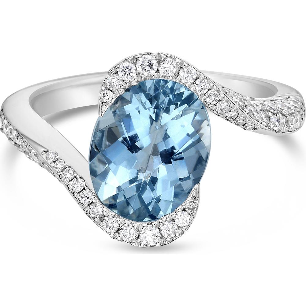 Aquamarine and Diamond Semi Bezel Pavé Ring in 18K White Gold by Charles Krypell