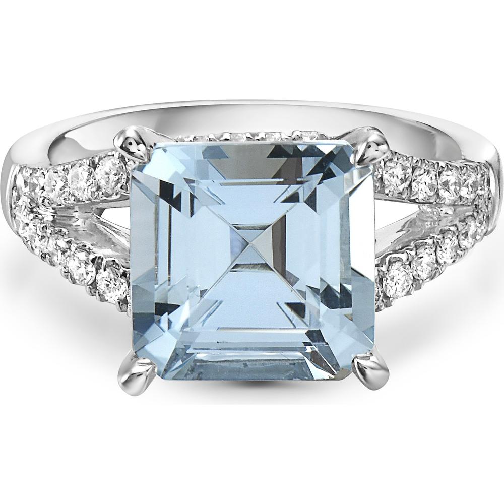 Aquamarine and Diamond Split Shank Ring in 18K White Gold by Charles Krypell