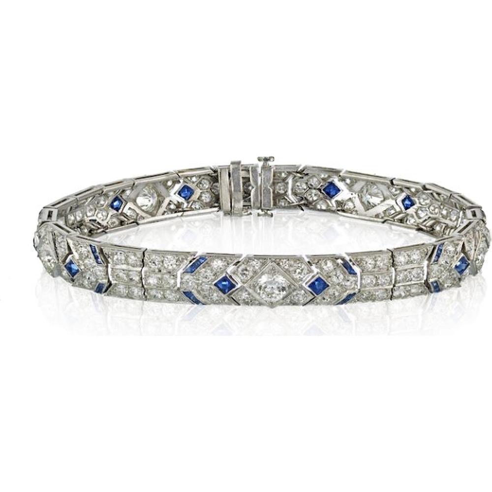 Art Deco Platinum Diamond and Sapphire Bracelet - 8.00 Carats Total Diamond Weight