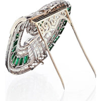 Art Deco Platinum Double Clip Brooch with 15-Carat Colombian Emerald and 20-Carat Diamond Accents - Geometric Design