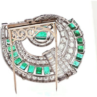 Art Deco Platinum Double Clip Brooch with 15-Carat Colombian Emerald and 20-Carat Diamond Accents - Geometric Design