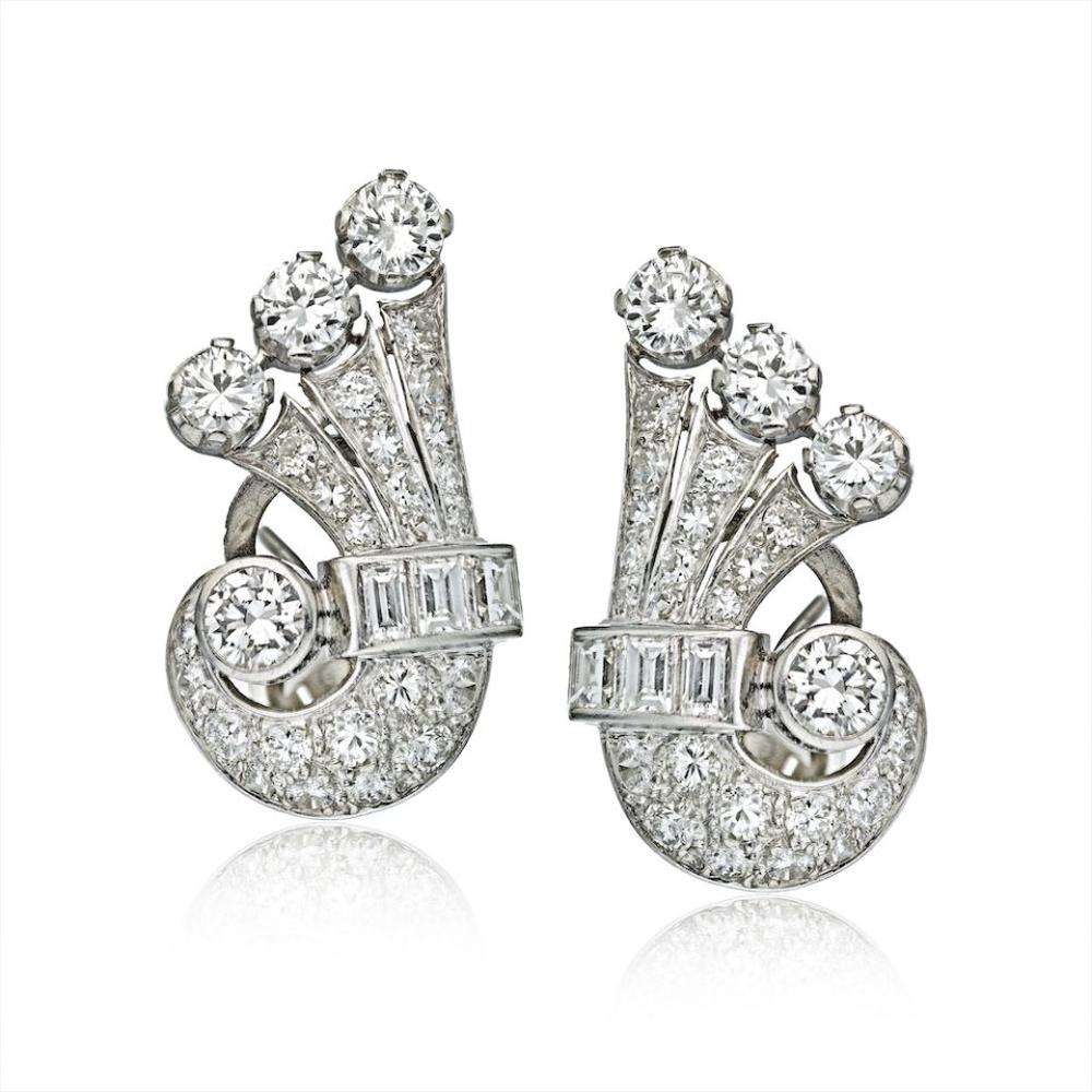 Art Deco Platinum Fan Earrings with Round, Baguette, and Single Cut Diamonds - 4.00 Carat Total Diamond Weight