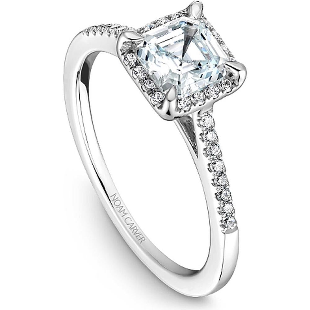 Asscher Cut Diamond Engagement Ring with Halo and Pavé Band in White Gold by Noam Carver<em> - Choose Your Center Diamond: 1 to 5 Carats, Sustainable Lab-Grown or Natural Earth-Mined</em>
