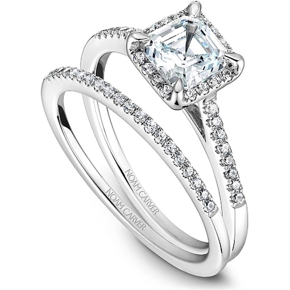 Asscher Cut Diamond Engagement Ring with Halo and Pavé Band in White Gold by Noam Carver<em> - Choose Your Center Diamond: 1 to 5 Carats, Sustainable Lab-Grown or Natural Earth-Mined</em>