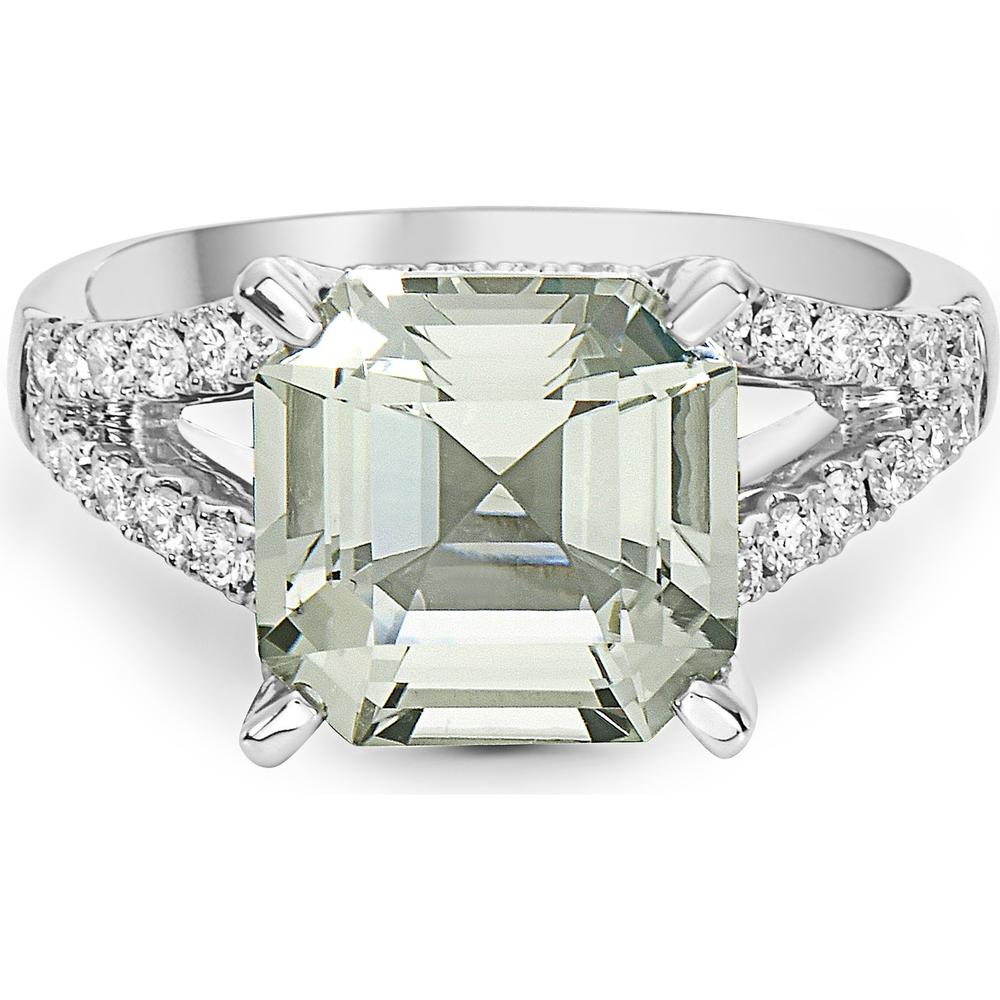 Asscher-Cut Green Amethyst and Diamond Split Shank Ring in 18K White Gold by Charles Krypell