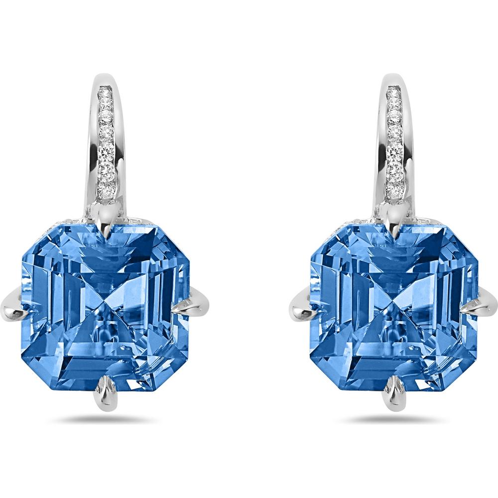 Asscher-Cut London Blue Topaz and Diamond Compass Set Drop Earrings in 18K White Gold by Charles Krypell