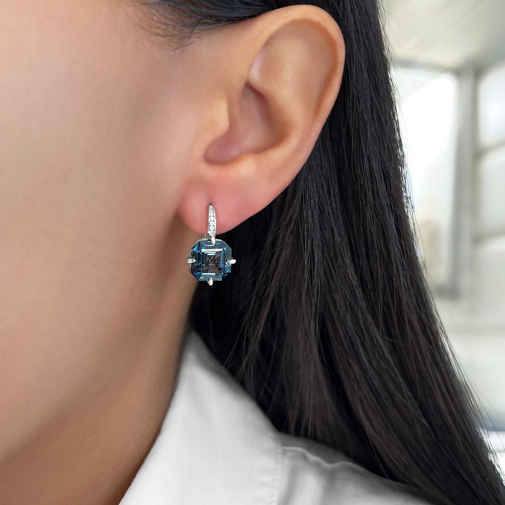 Asscher-Cut London Blue Topaz and Diamond Compass Set Drop Earrings in 18K White Gold by Charles Krypell