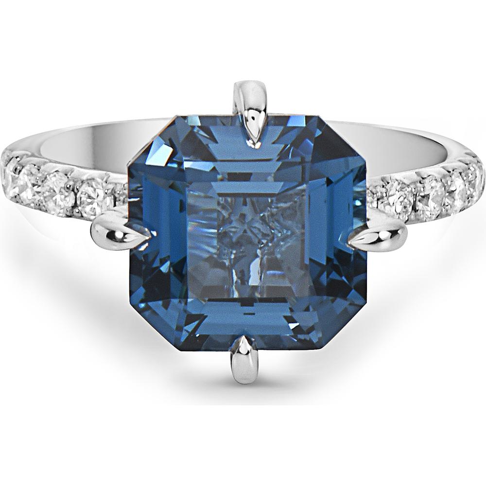 Asscher-Cut London Blue Topaz and Diamond Compass Set Ring in 18K White Gold by Charles Krypell