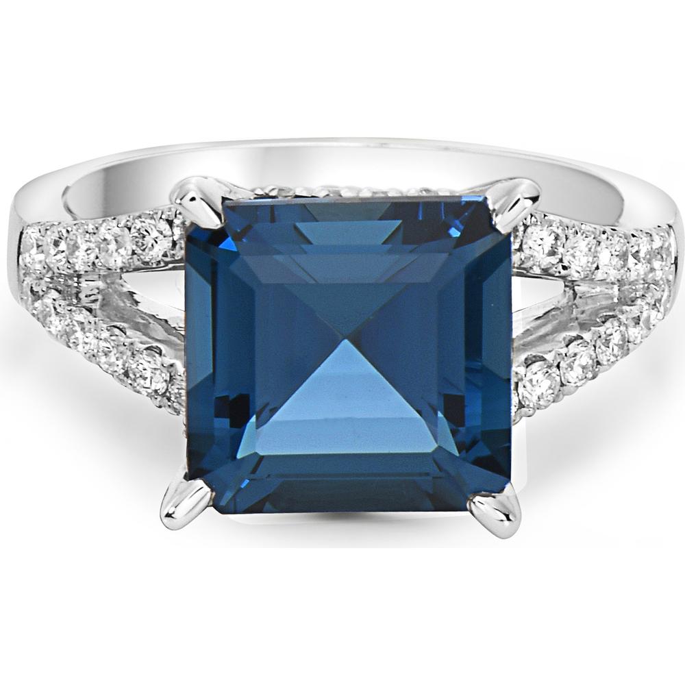Asscher-Cut London Blue Topaz and Diamond Split Shank Ring in 18K White Gold by Charles Krypell