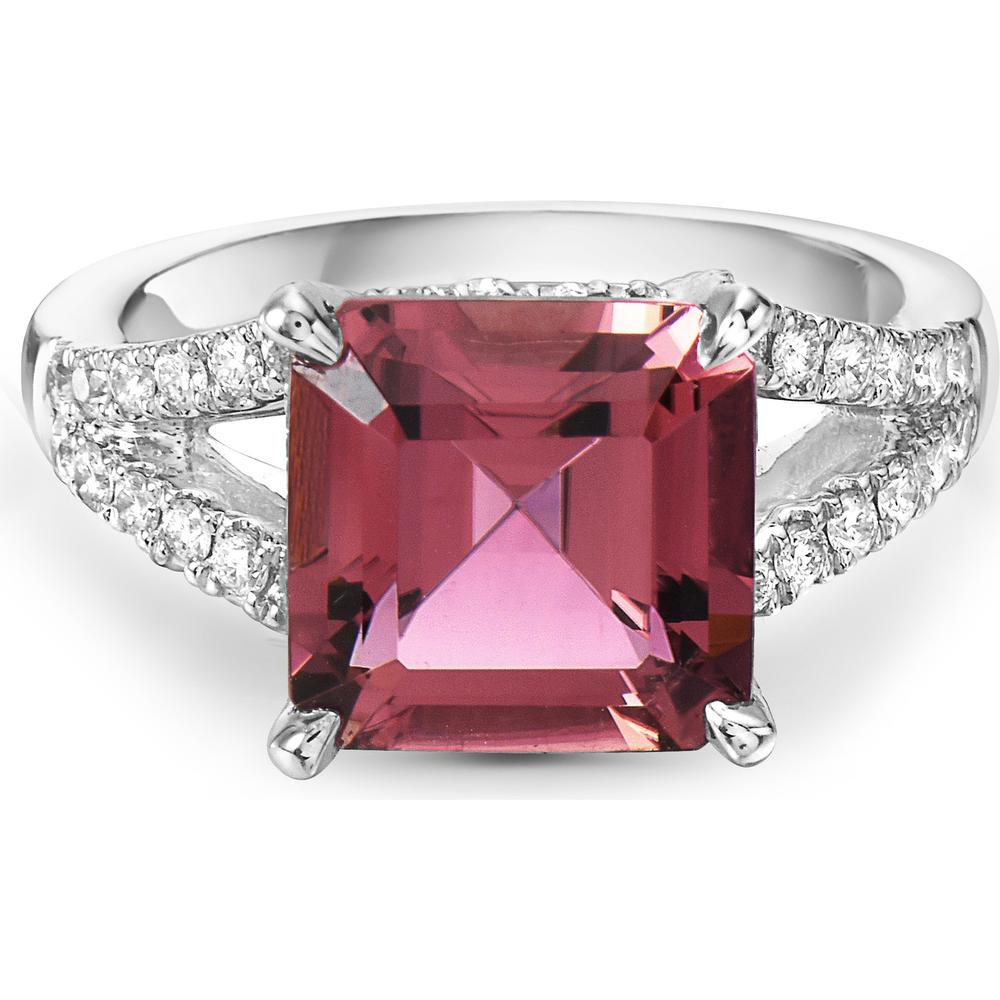 Asscher-Cut Pink Tourmaline and Diamond Split Shank Ring in 18K White Gold by Charles Krypell