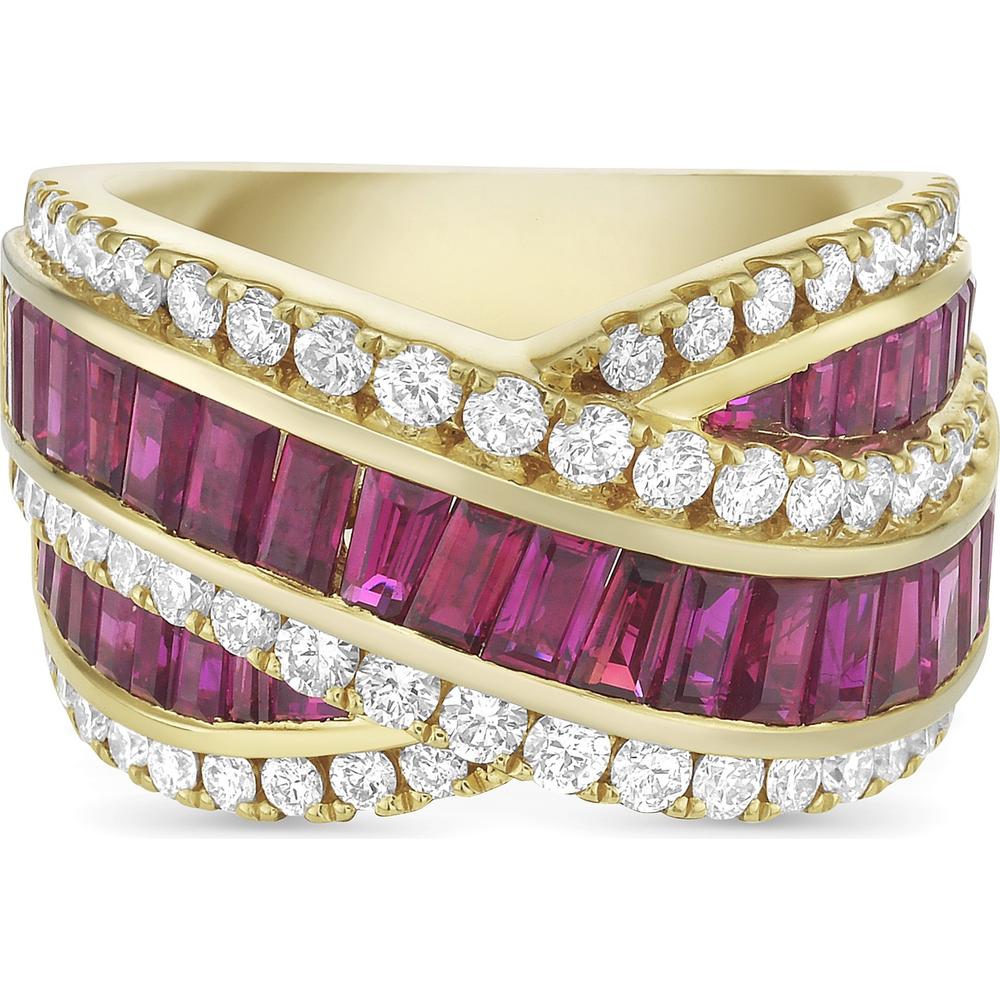 Baguette Ruby and Diamond Signature Crossover Ring in 18K Yellow Gold by Charles Krypell