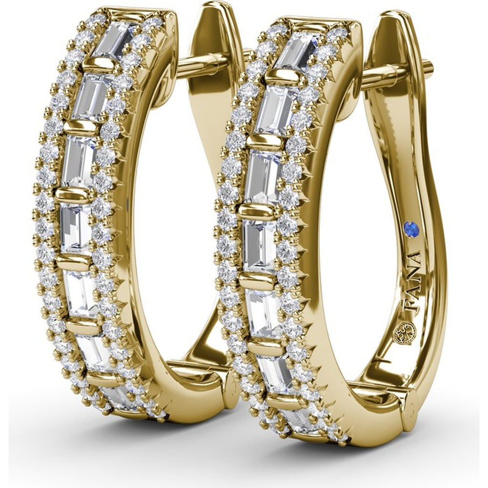 Bar-Set Baguette and Round Diamond Hoop Earrings by Fana - 1.02 Carat Total Diamond Weight