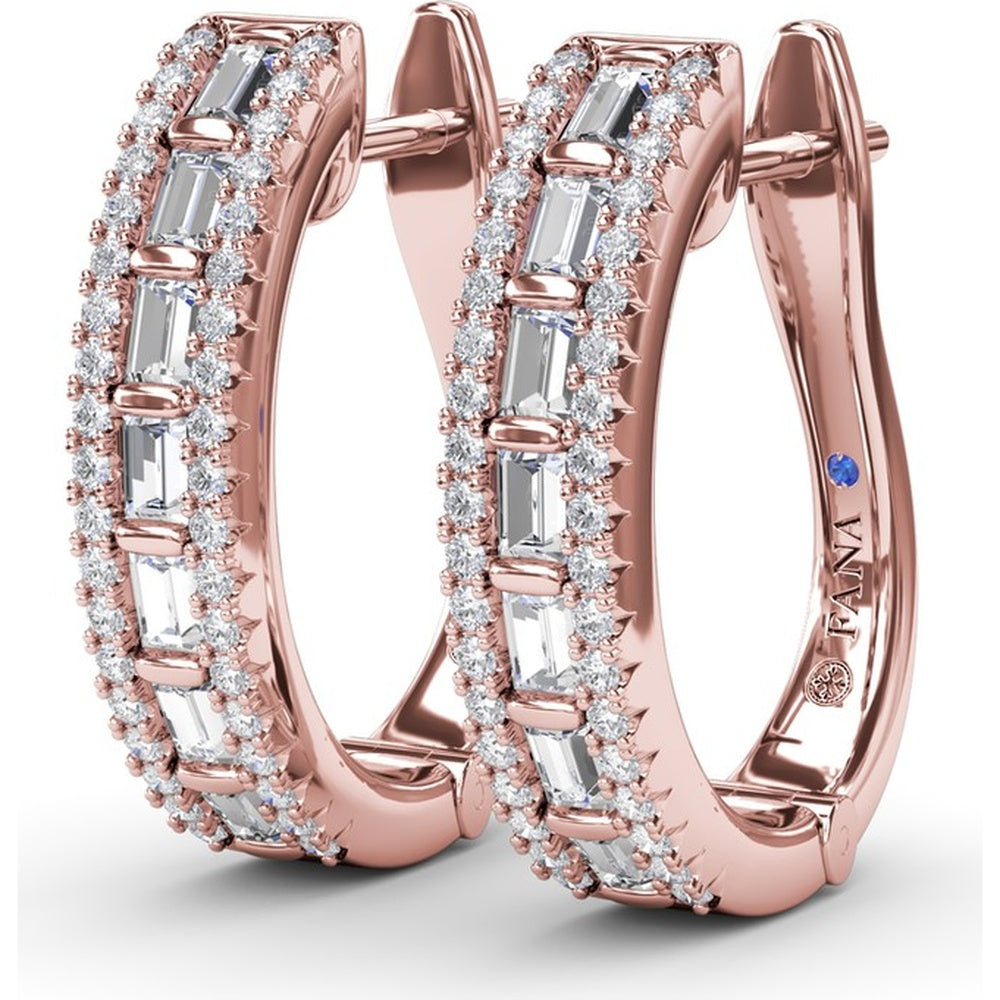 Bar-Set Baguette and Round Diamond Hoop Earrings by Fana - 1.02 Carat Total Diamond Weight