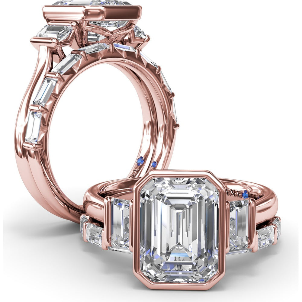 Bezel Set Emerald Cut Engagement Ring Setting with Straight Baguette Side Stones - 0.21 Carat Total Side Stone Weight by Fana