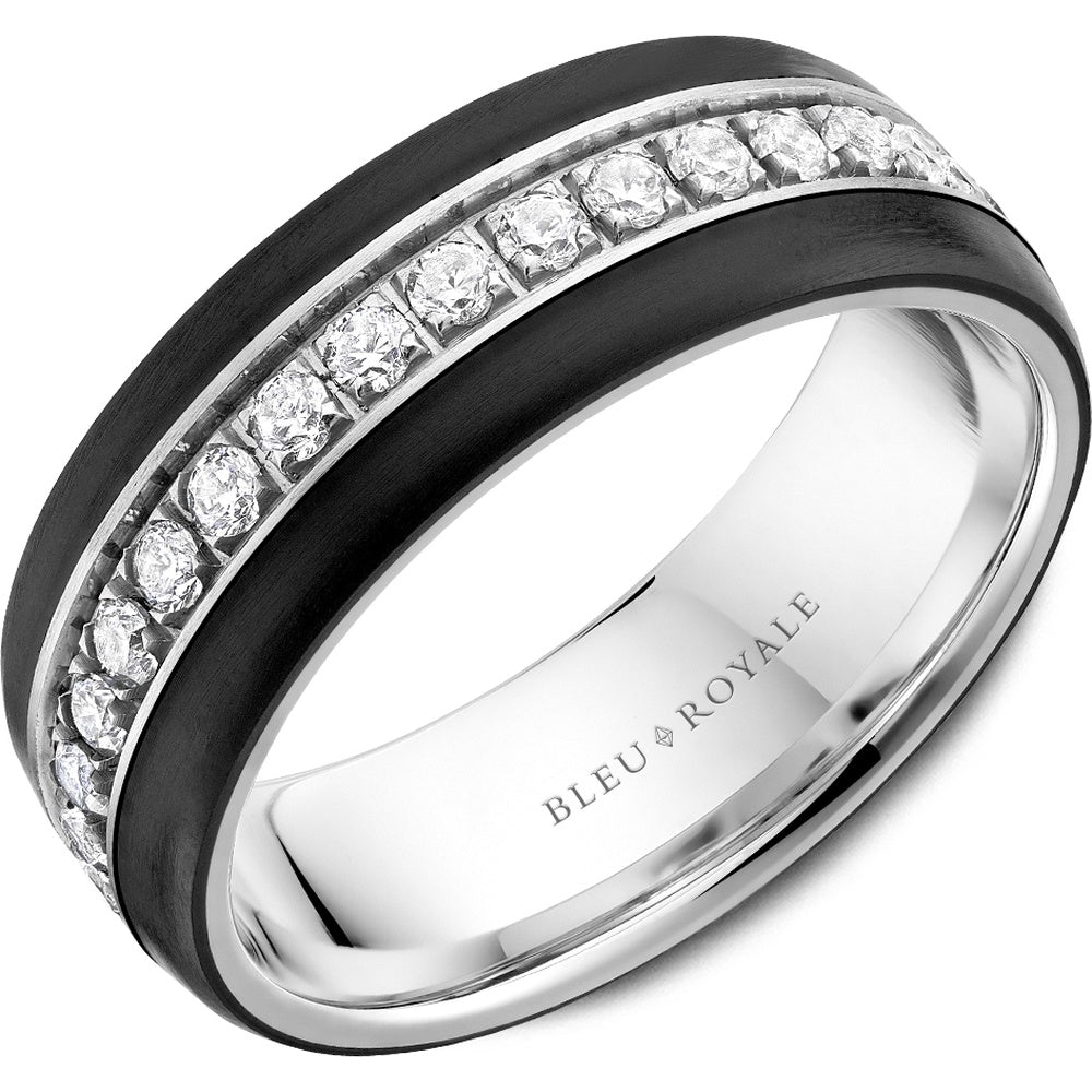 Bleu Royale Men's Wedding Band - 14K White Gold and Black Ceramic Full Eternity with Channel Set Round Diamonds - 0.98 Carat Total Diamond Weight - 7.5mm Width from the Diamond Collection