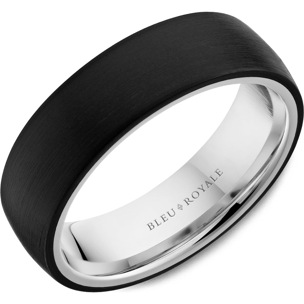 Bleu Royale Men's Wedding Band - 14K White Gold and Black Ceramic Two-Tone with Sandpaper Finish and High Polish Metal - 6.5mm Width from the Distinct Collection