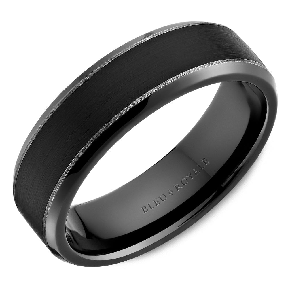 Bleu Royale Men's Wedding Band - 14K White Gold and Black Ceramic with Sandpaper Finish and High Polish Edges - 6.5mm Width from the Distinct Collection