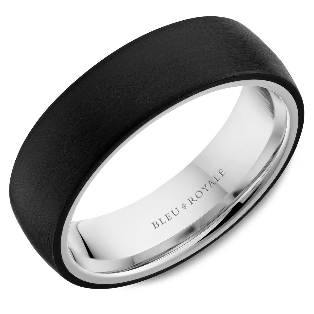Bleu Royale Men's Wedding Band - 14K White Gold and Black Ceramic with Sandpaper Finish and High Polish Edges - 6.5mm Width from the Distinct Collection