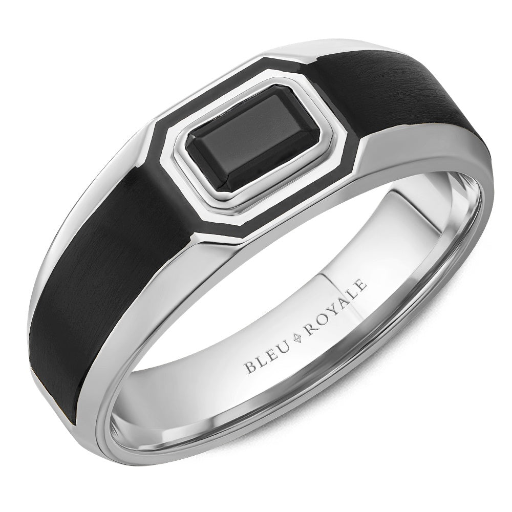 Bleu Royale Men's Wedding Band - 14K White Gold & Black Enamel with Bezel-Set Emerald Cut Black Stone- 0.75ct - 8mm Width from the Diamond Collection