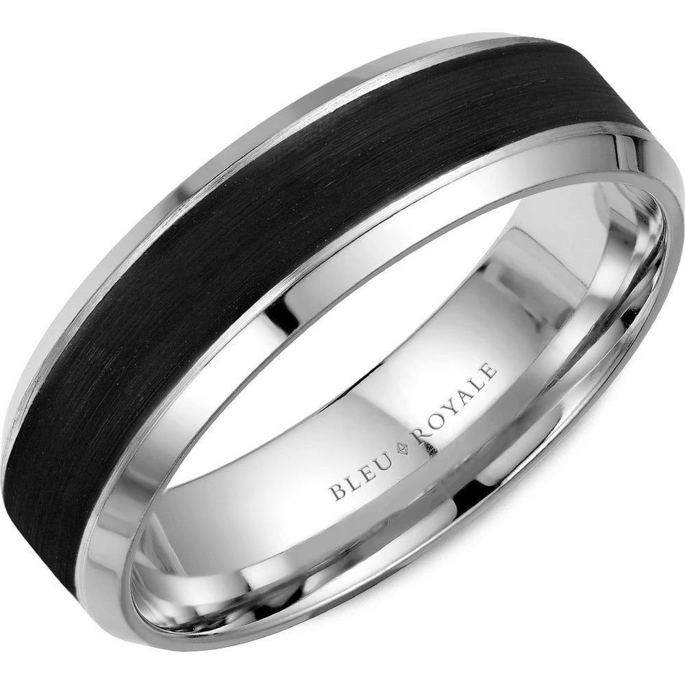 Bleu Royale Men's Wedding Band - 14K White Gold and Forged Carbon Fiber with Beveled Edges - 6mm Width from the Distinct Collection