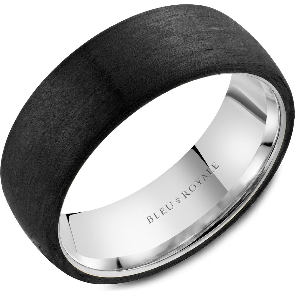 Bleu Royale Men's Wedding Band - 14K White Gold and Forged Carbon Fiber with Black Top and White Gold Interior - 7.5mm Width from the Distinct Collection
