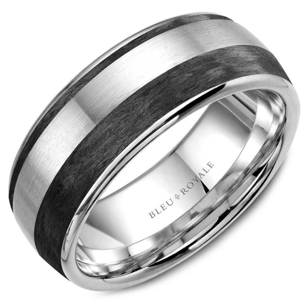Bleu Royale Men's Wedding Band - 14K White Gold & Forged Carbon Fiber with Brushed Top and High Polish Edges - 8.5mm Width from the Distinct Collection