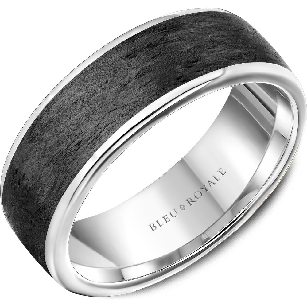 Bleu Royale Men's Wedding Band - 14K White Gold & Forged Carbon Fiber with High Polish Edges - 7.5mm Width from the Distinct Collection