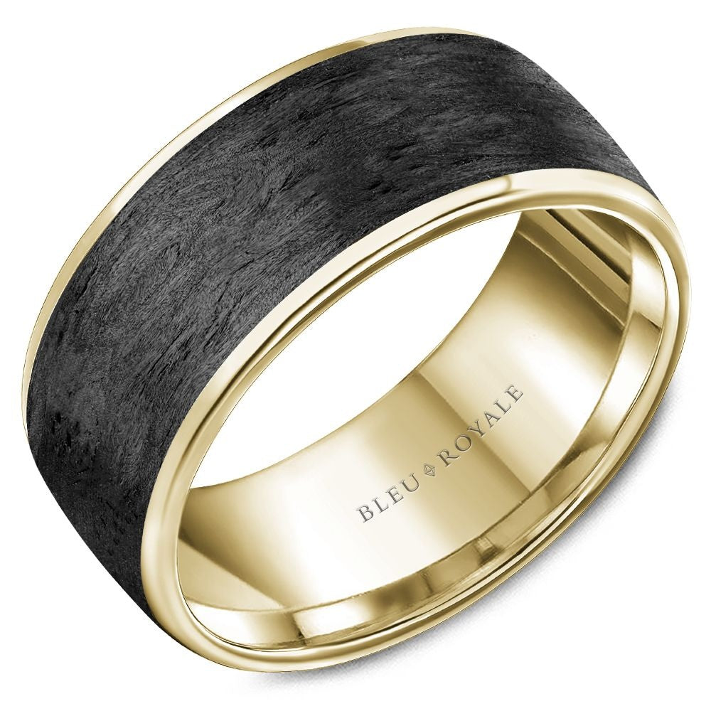 Bleu Royale Men's Wedding Band - 14K Yellow Gold and Forged Carbon Fiber with High Polish Edges- Size 10 - 9.5mm Width from the Distinct Collection