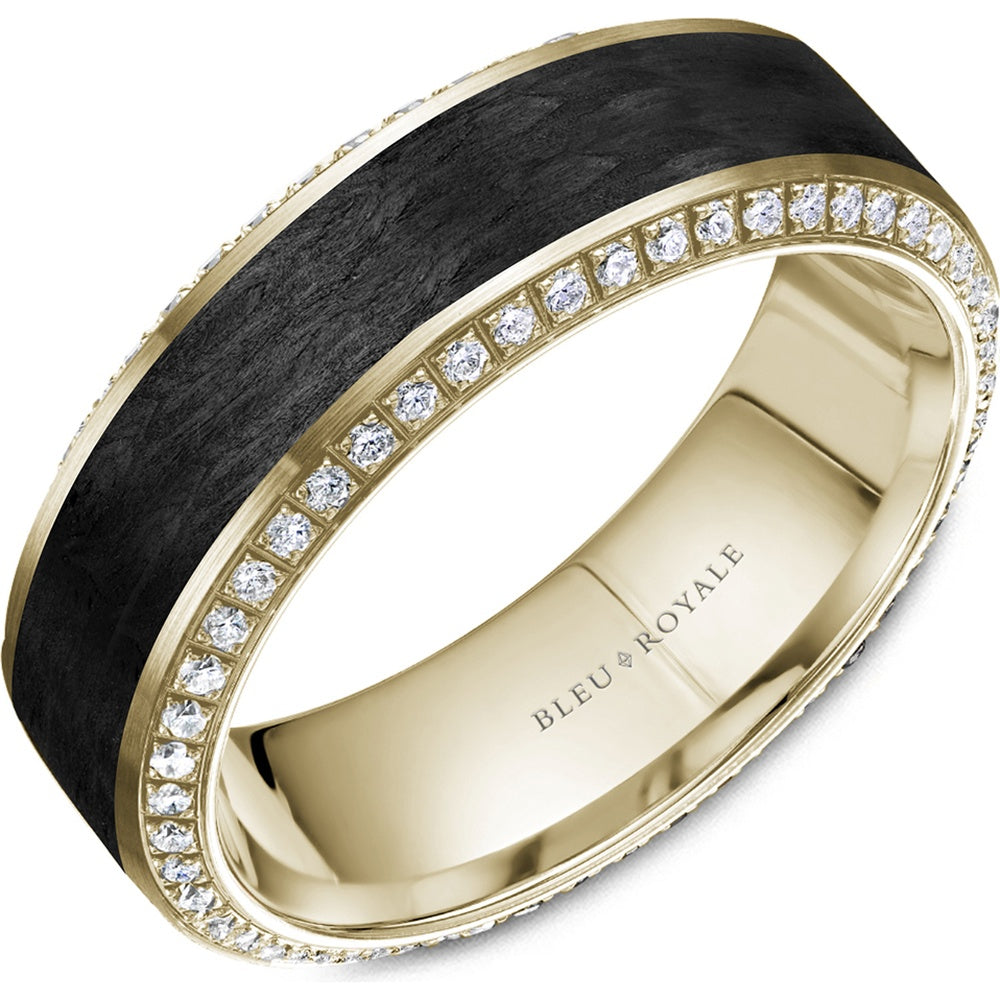 Bleu Royale Men's Wedding Band - 14K Yellow Gold & Forged Carbon Fiber with Round Diamond Edges- 0.66 Carat Total Diamond Weight - 7.5mm Width from the Diamond Collection