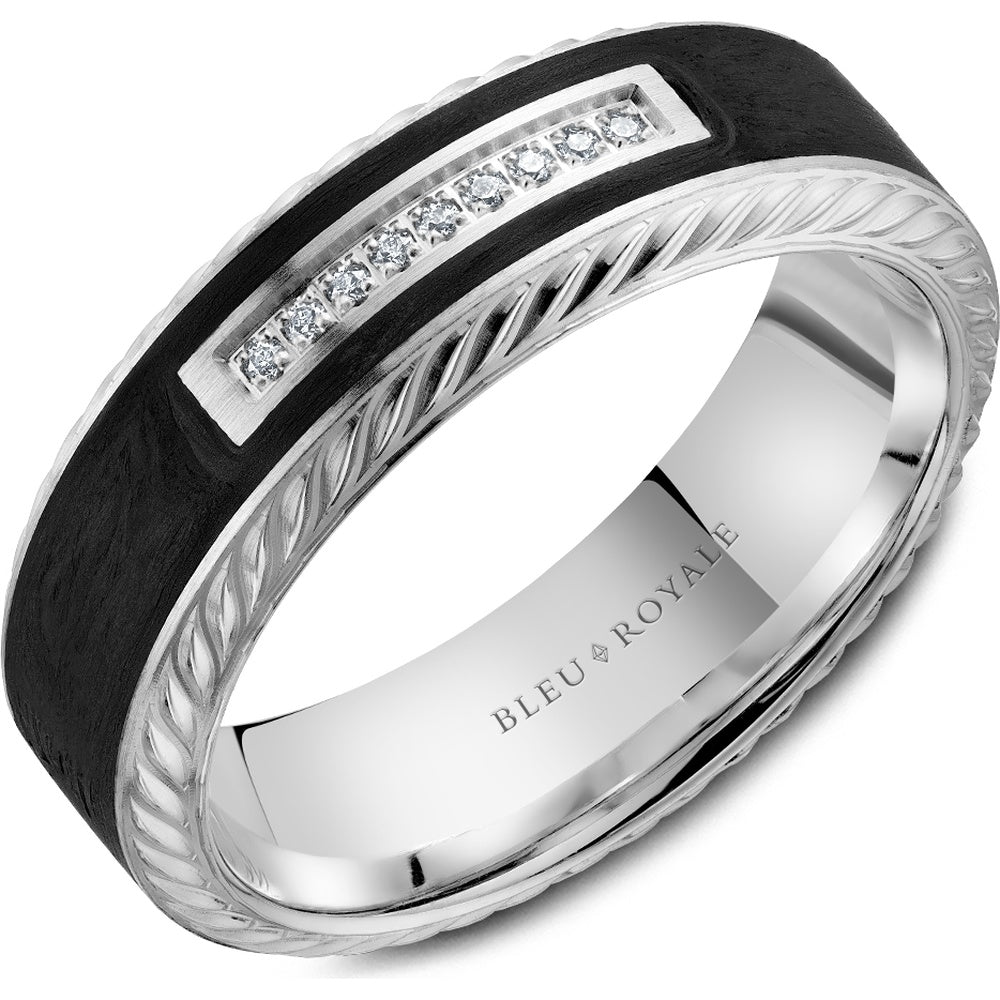 Bleu Royale Men's Wedding Band - 14K White Gold and Forged Carbon Fiber with Round Diamonds and Rope Edge- 0.05 Carat Total Diamond Weight - 7mm Width from the Diamond Collection